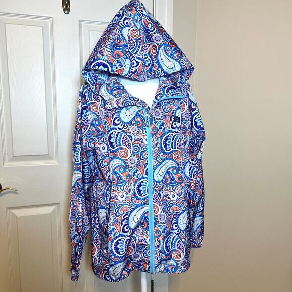 Simply Southern Rain Jacket Blue Paisley Size Large EUC Zipper Hood Colorful - Picture 2 of 9